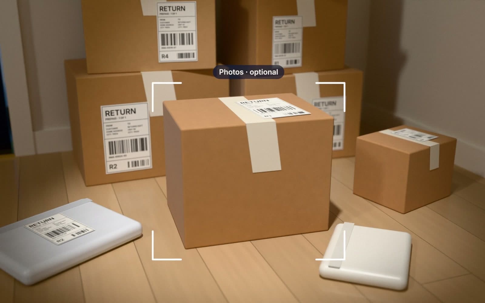 The Tyred app's camera framing a parcel in a pile of returns, with the hint “Photos · optional”.
