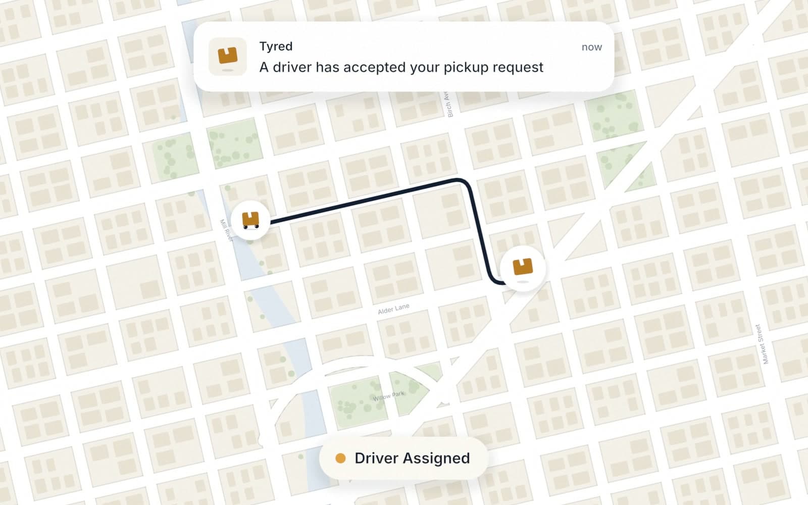 A map with the driver's route to the pickup, the notification “A driver has accepted your pickup request” and the status “Driver Assigned”.