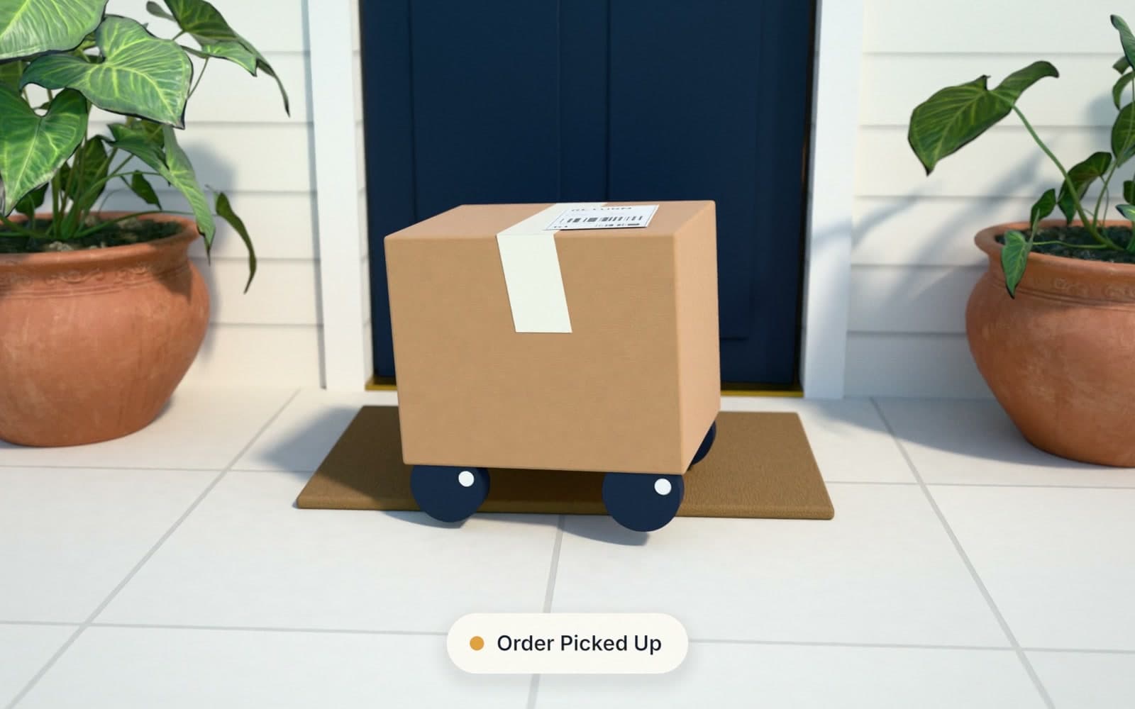A parcel on a doormat between two potted plants, with the status “Order Picked Up”.