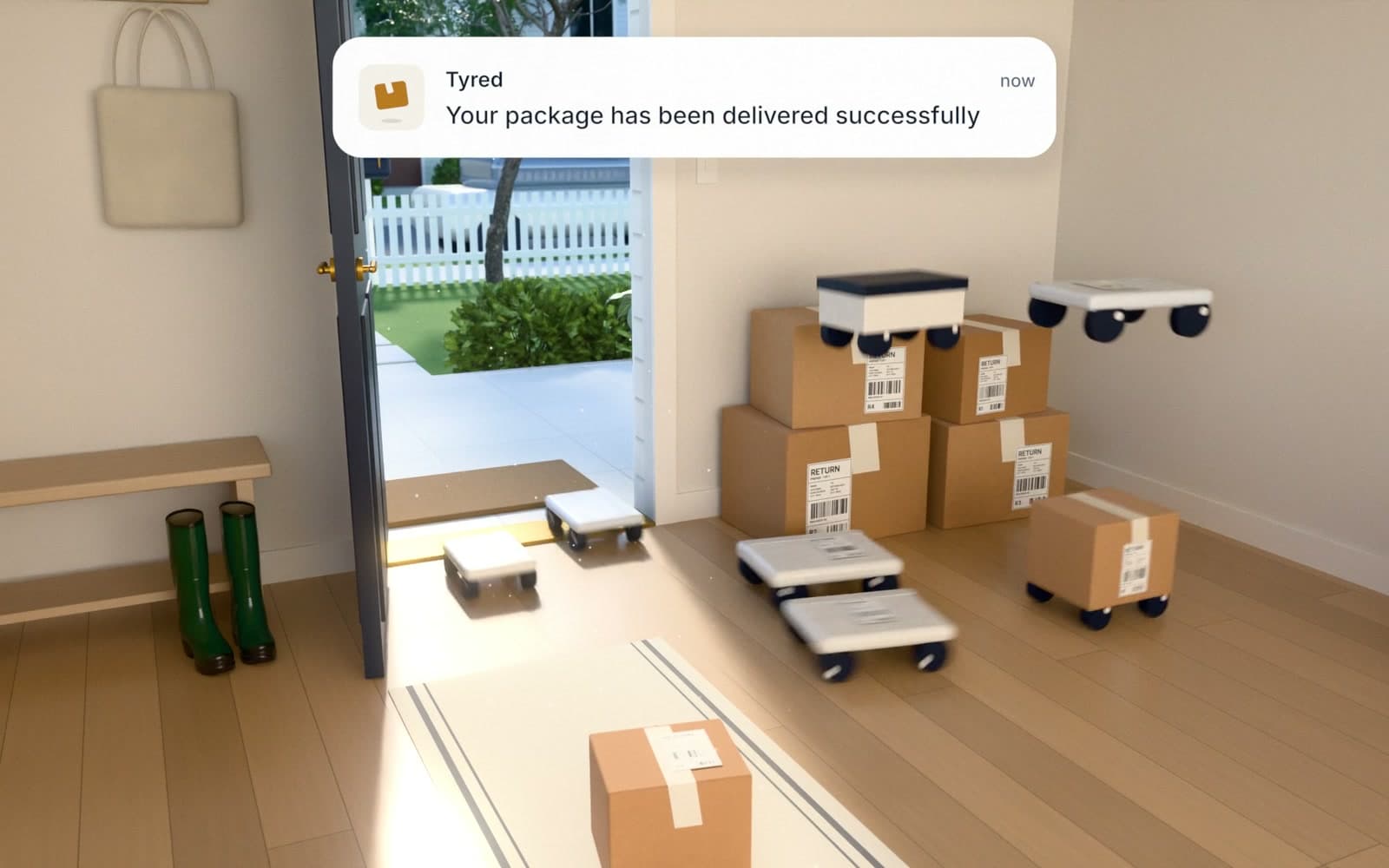 A hallway with the notification “Your package has been delivered successfully”.